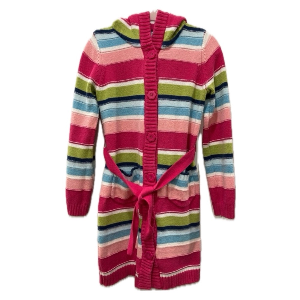 Gymboree Striped Belted Cardigan with Hood & Flower Buttons | M (7/8)